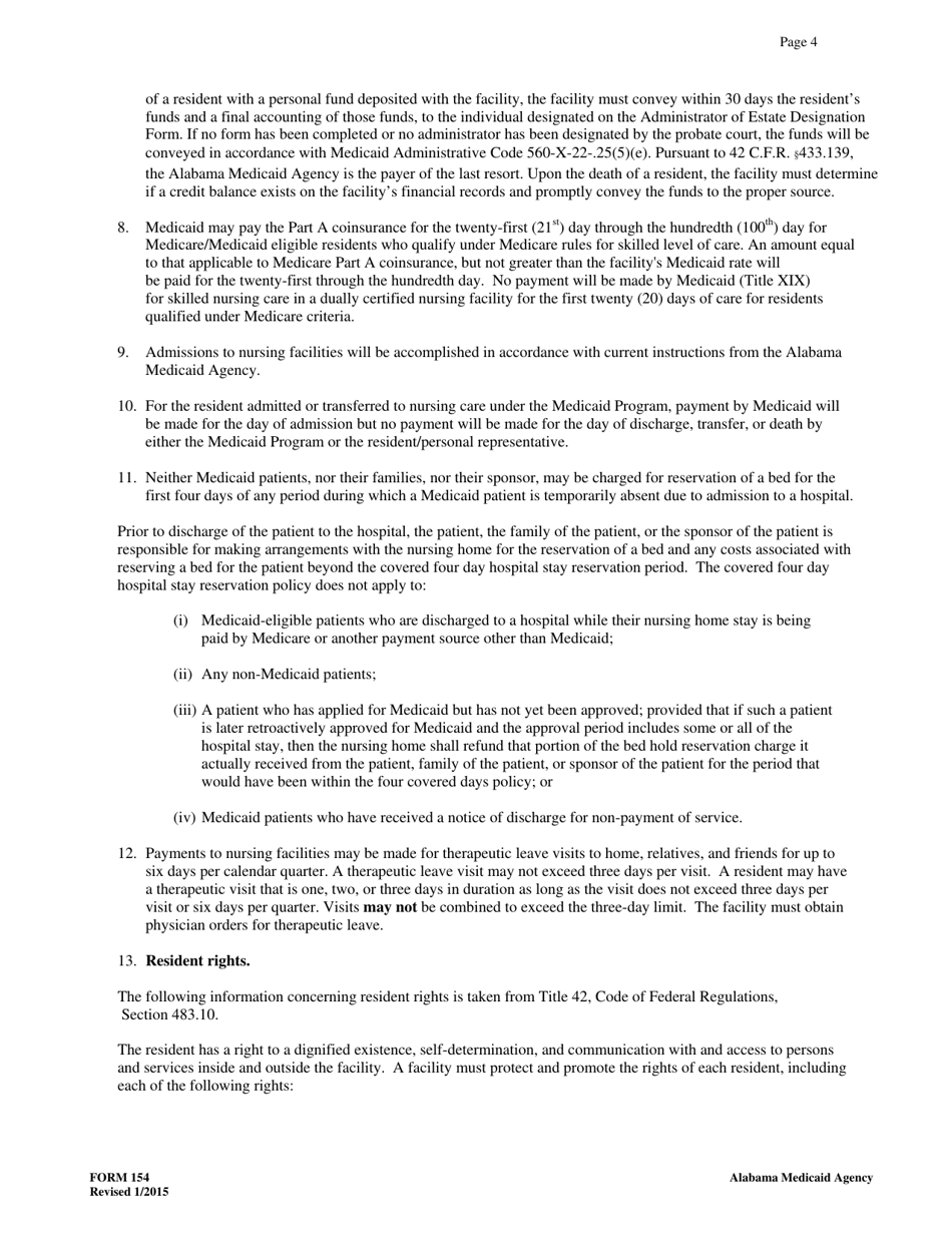 Form 154 Nursing Facility / Resident Agreement - Alabama, Page 4