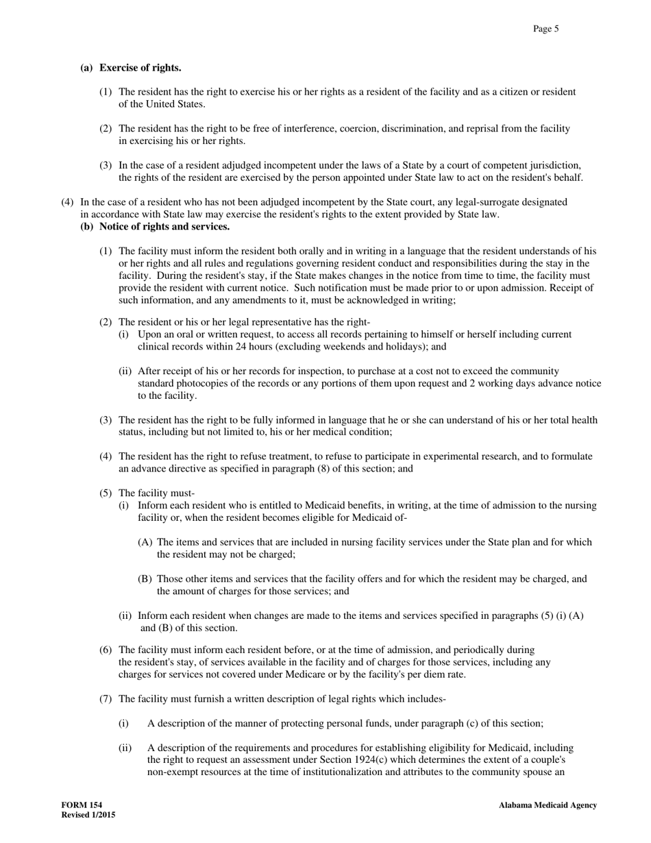 Form 154 Nursing Facility / Resident Agreement - Alabama, Page 5