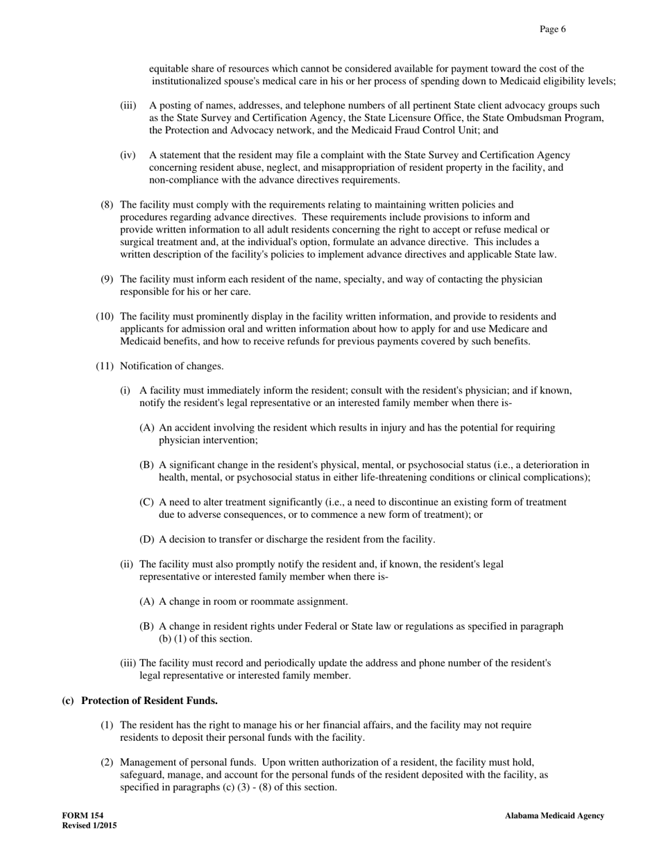 Form 154 Nursing Facility / Resident Agreement - Alabama, Page 6