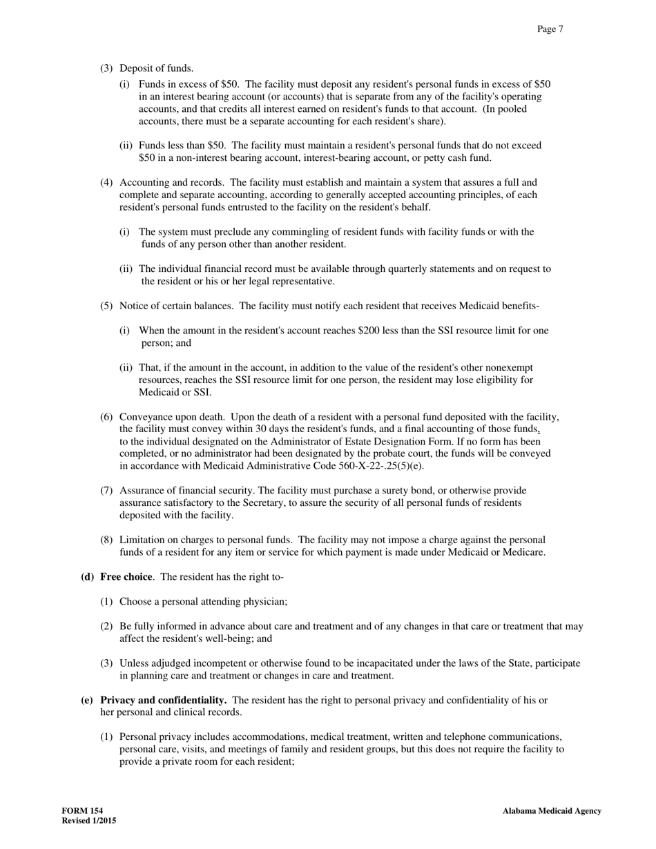 Form 154 Nursing Facility / Resident Agreement - Alabama, Page 7