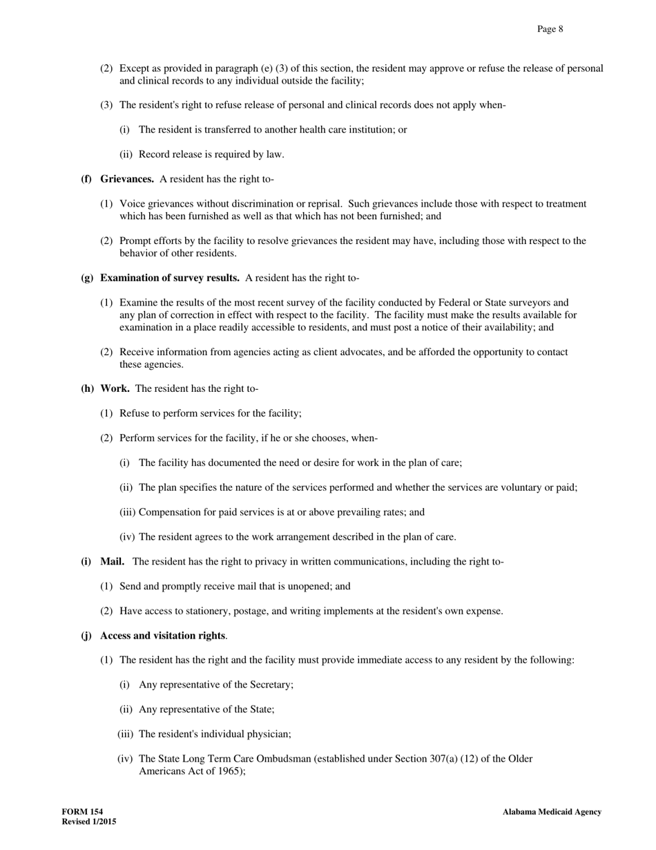 Form 154 Nursing Facility / Resident Agreement - Alabama, Page 8