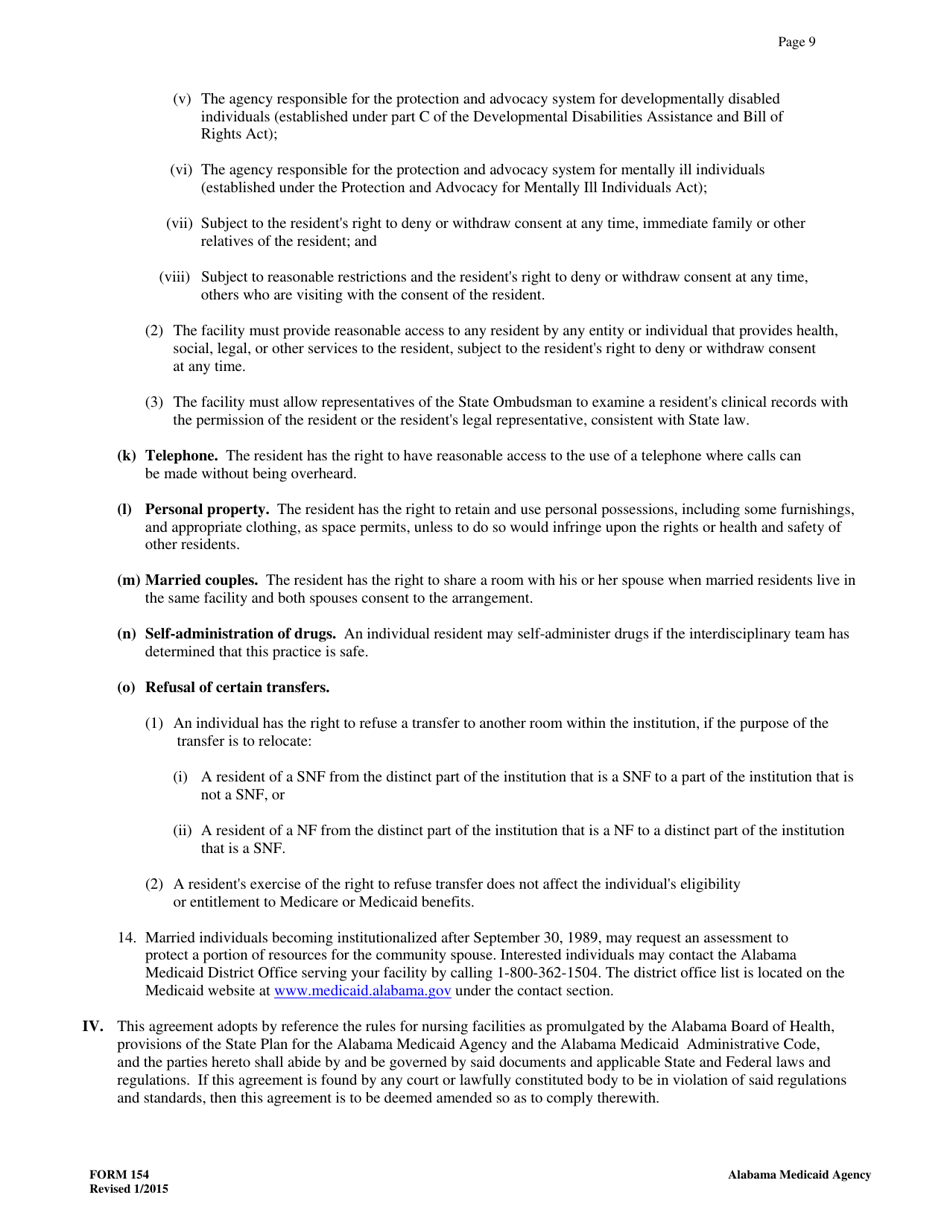 Form 154 Nursing Facility / Resident Agreement - Alabama, Page 9