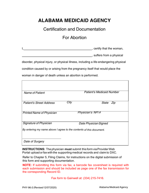 Form PHY-96-2 Certification and Documentation for Abortion - Alabama