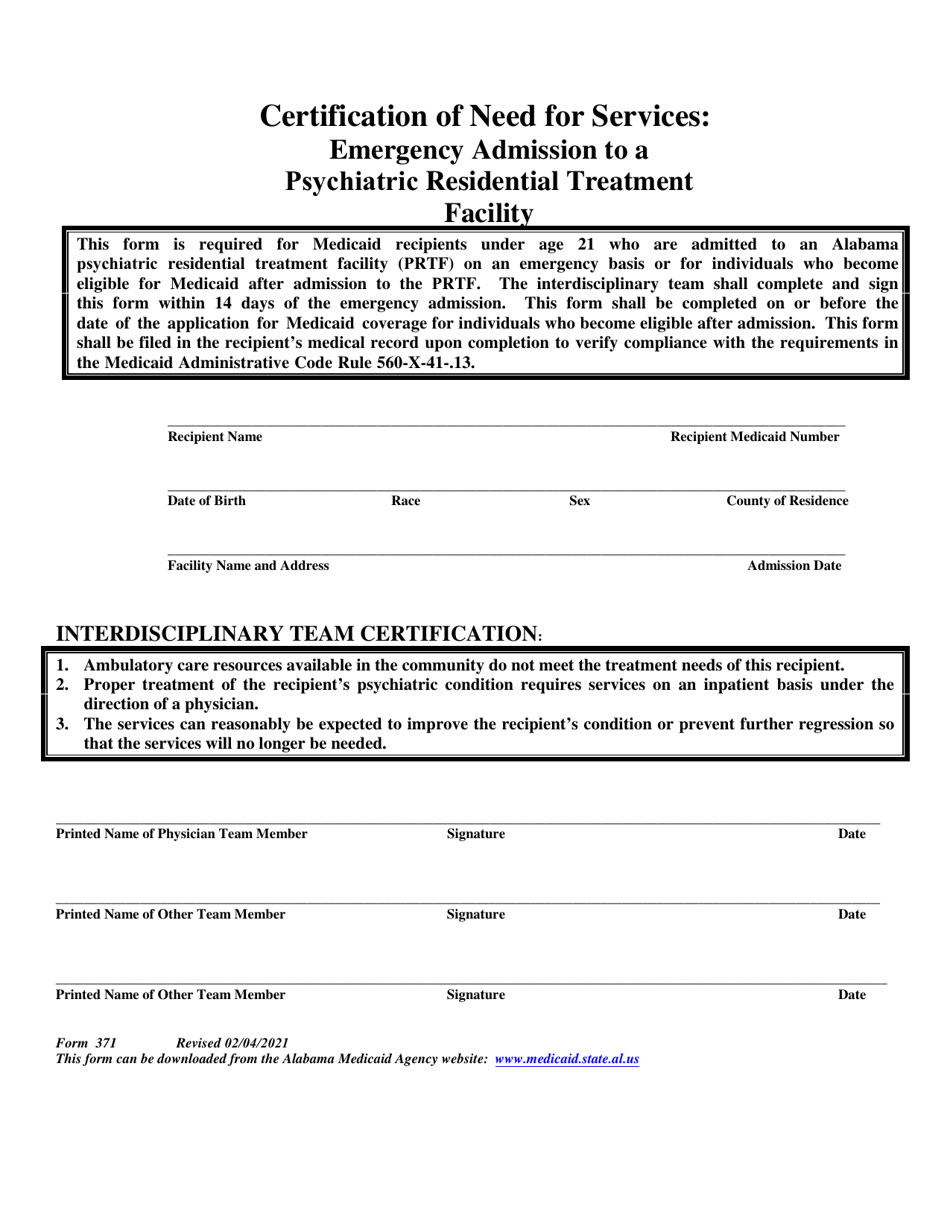 Form 371 Certification of Need for Services: Emergency Admission to a Psychiatric Residential Treatment Facility - Alabama, Page 1