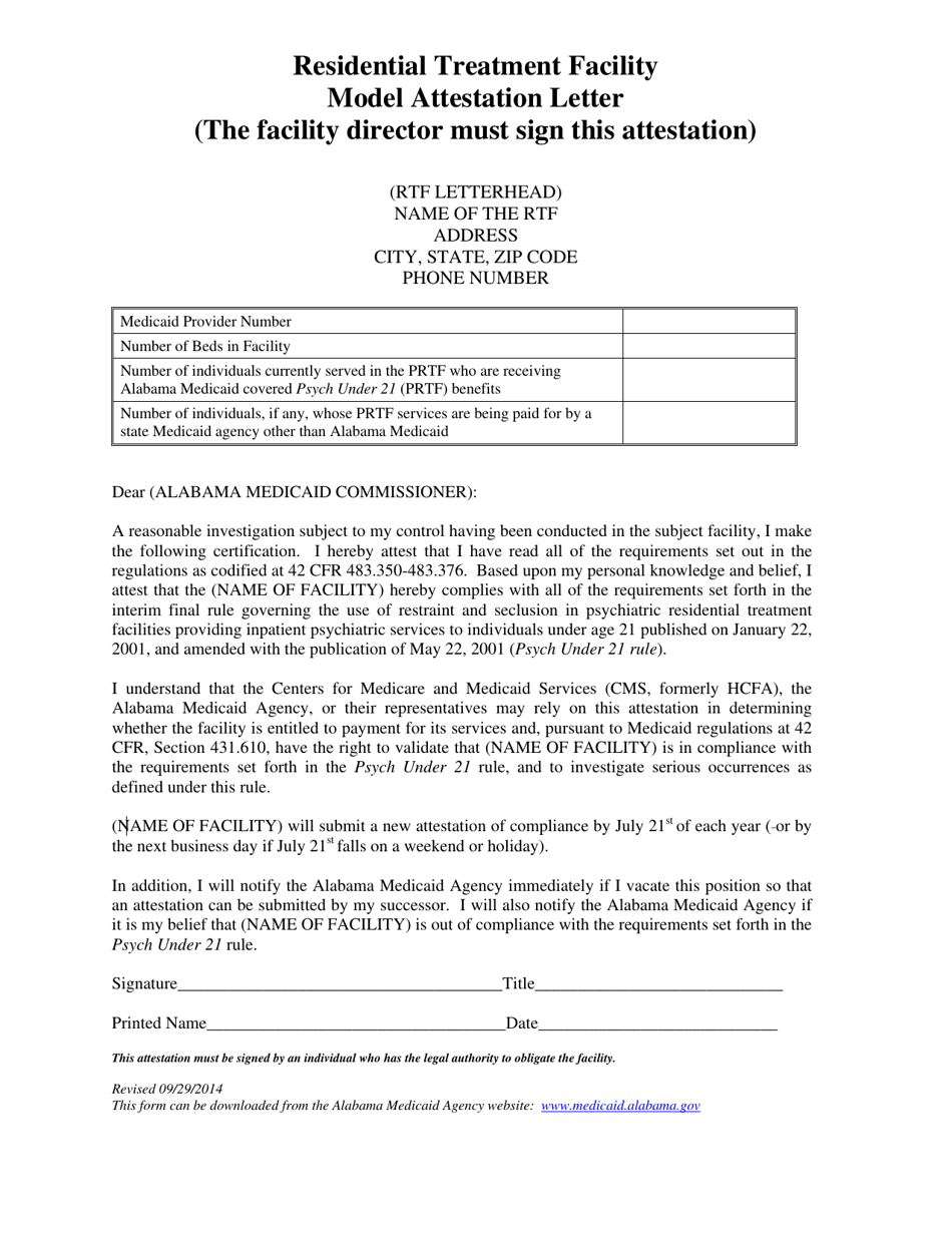 Residential Treatment Facility Model Attestation Letter - Alabama, Page 1