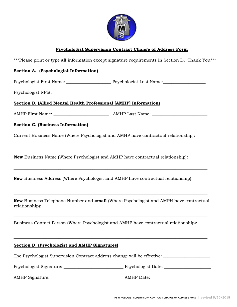 Psychologist Supervision Contract Change of Address Form - Alabama, Page 1