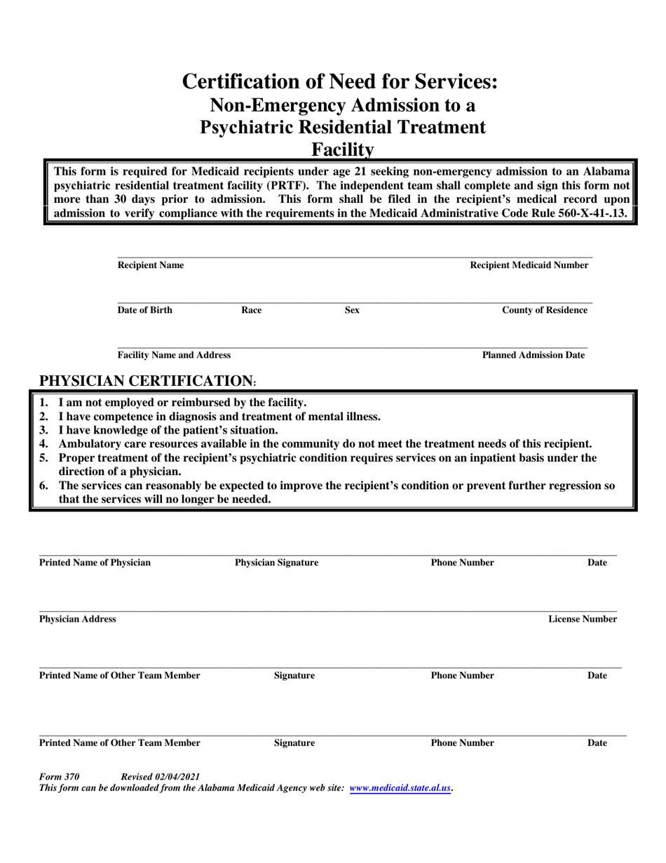 Form 370 Certification of Need for Services: Non-emergency Admission to a Psychiatric Residential Treatment Facility - Alabama, Page 1