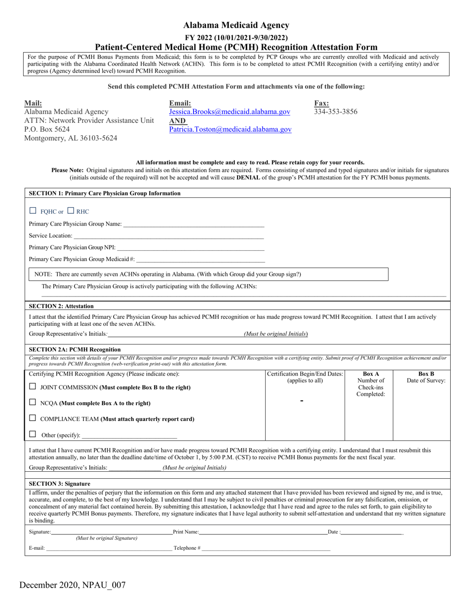 Patient-Centered Medical Home (Pcmh) Recognition Attestation Form - Alabama, Page 1