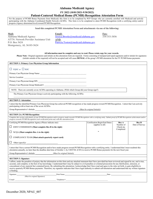 Patient-Centered Medical Home (Pcmh) Recognition Attestation Form - Alabama, 2022