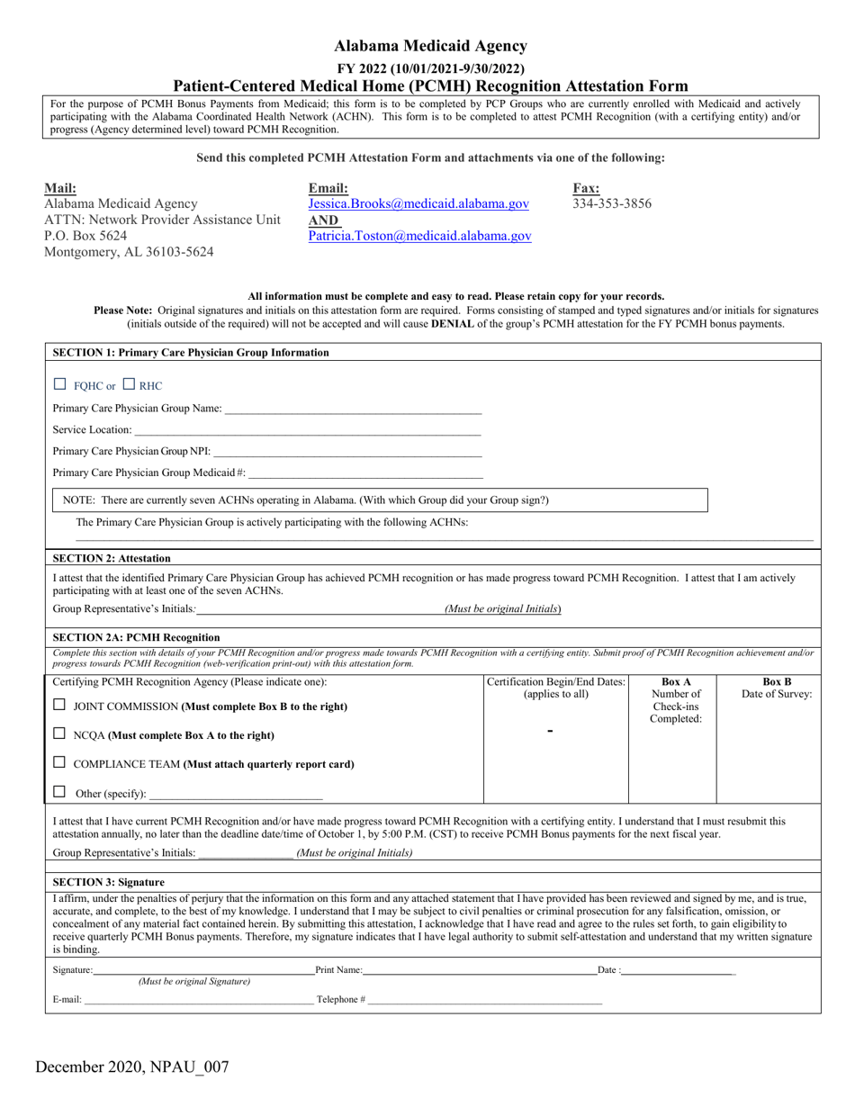 2022 Alabama PatientCentered Medical Home (Pcmh) Recognition Attestation Form Fill Out, Sign