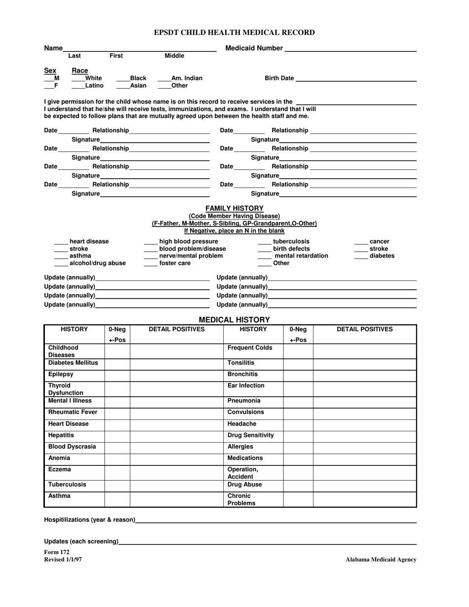 Form 172 Epsdt Child Health Medical Record - Alabama, Page 1
