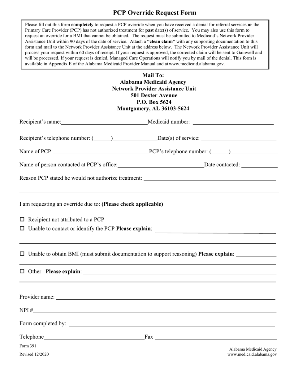 Form 391 Pcp Override Request Form - Alabama, Page 1