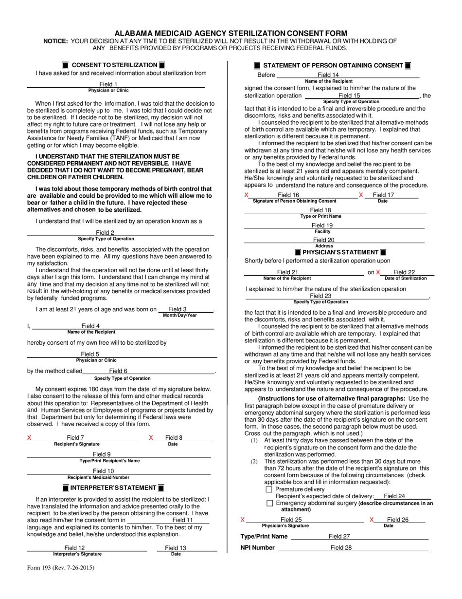 Download Instructions for Form 193 Alabama Medicaid Agency