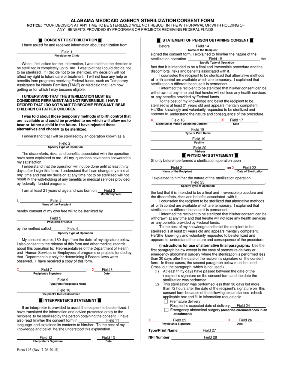 Instructions for Form 193 Alabama Medicaid Agency Sterilization Consent Form - Alabama, Page 1
