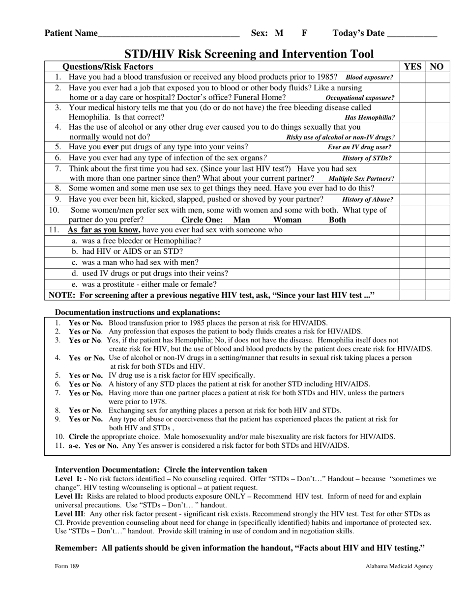 Form 189 Std / HIV Risk Screening and Intervention Tool - Alabama, Page 1