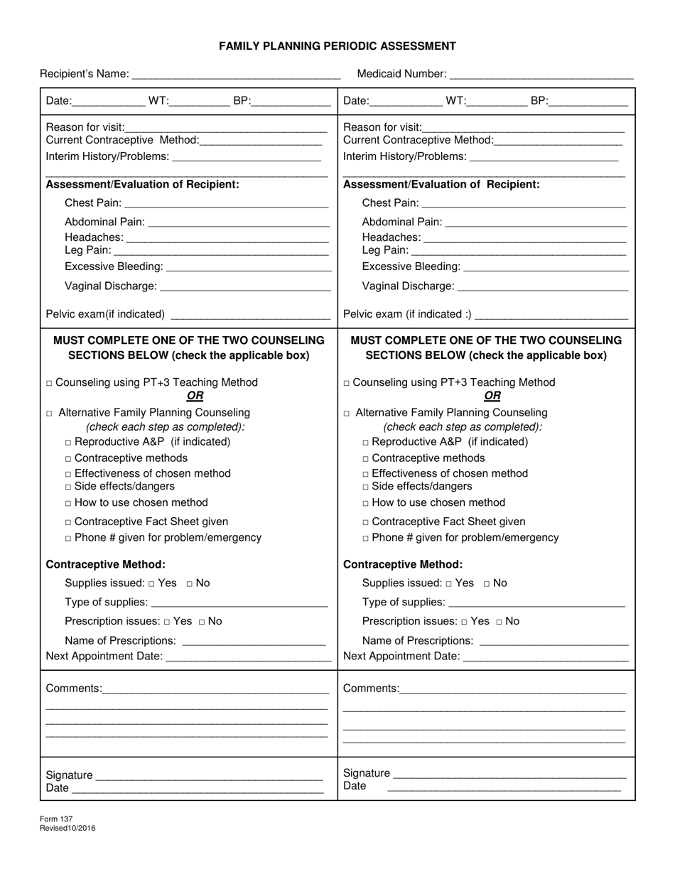 Form 137 Family Planning Periodic Assessment - Alabama, Page 1