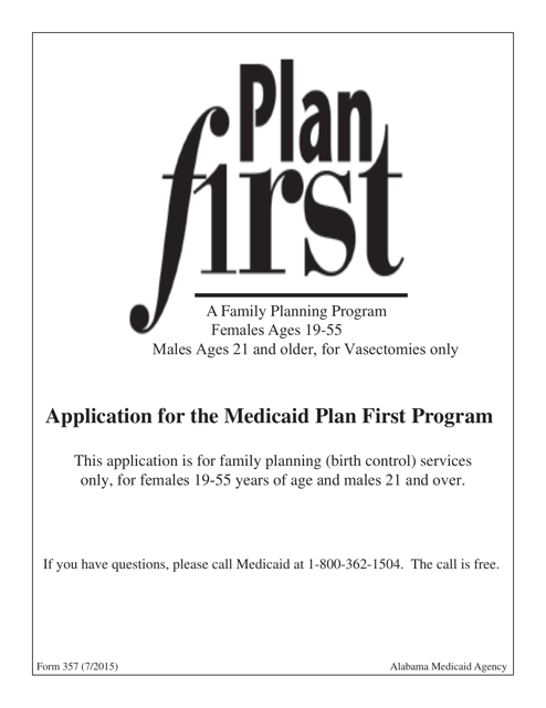 Form 357 Application for the Medicaid Plan First Program - Alabama