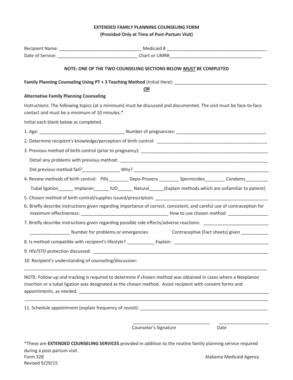 Form 328 Extended Family Planning Counseling Form - Alabama, Page 1