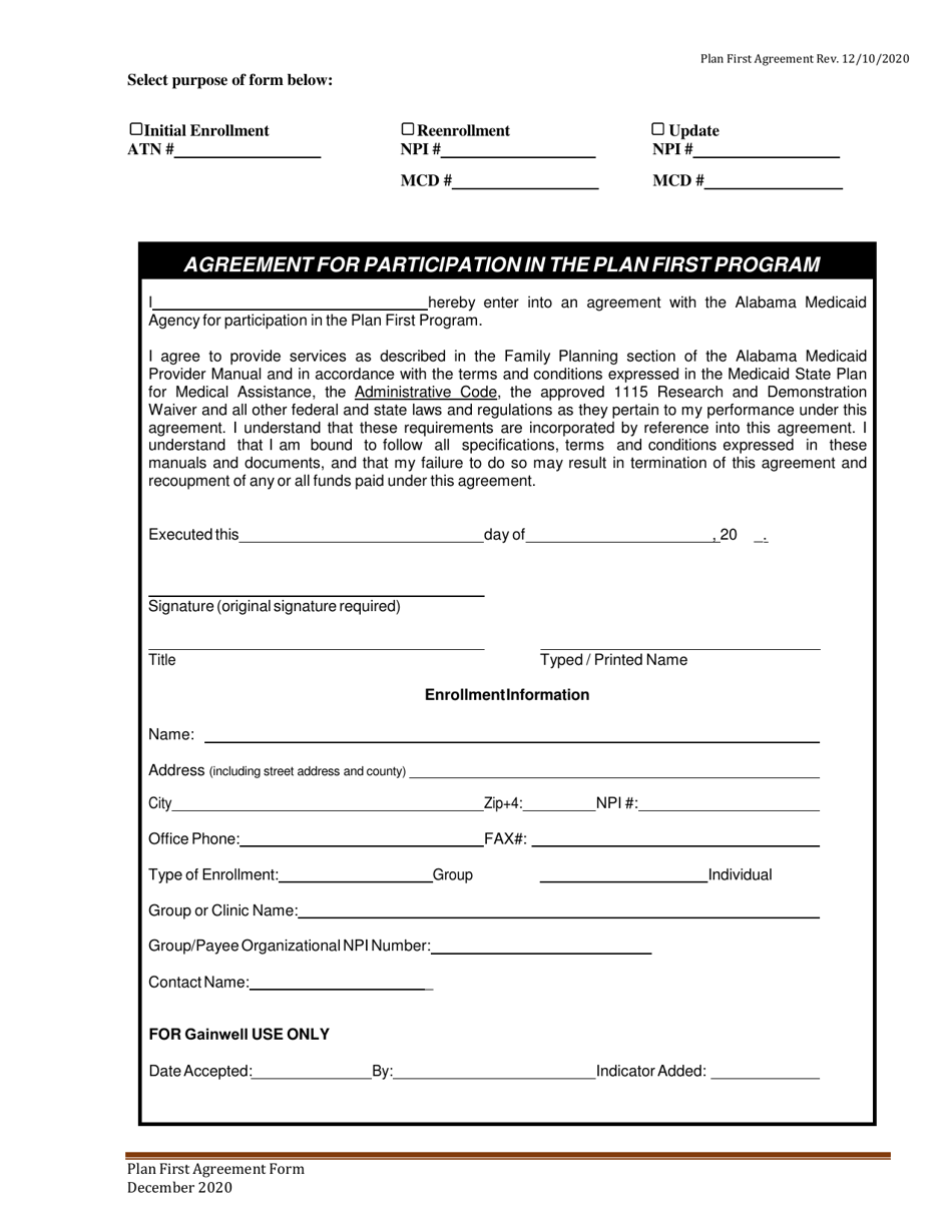 Agreement for Participation in the Plan First Program - Alabama, Page 1