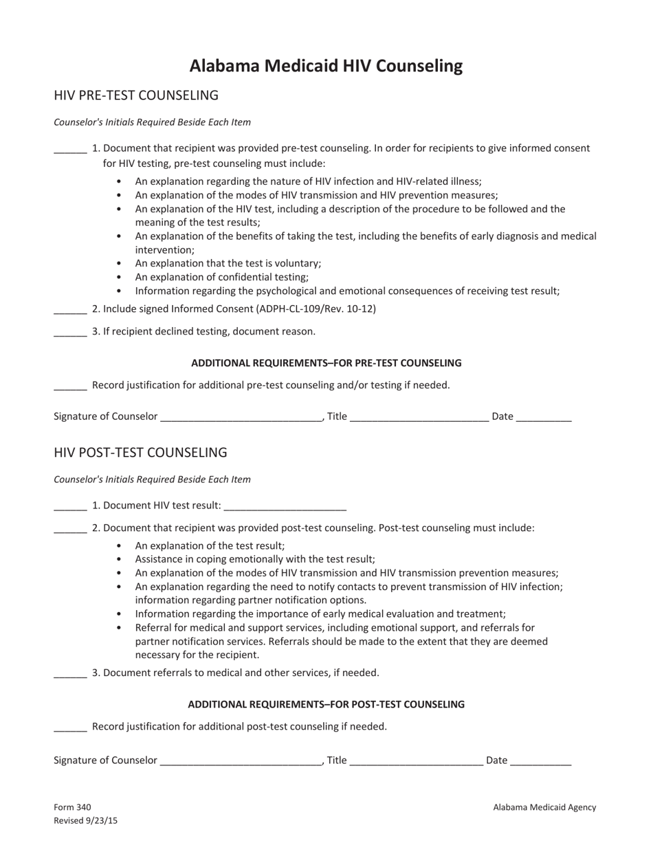 Form 340 Alabama Medicaid HIV Counseling - Pre and Post Test - Alabama, Page 1