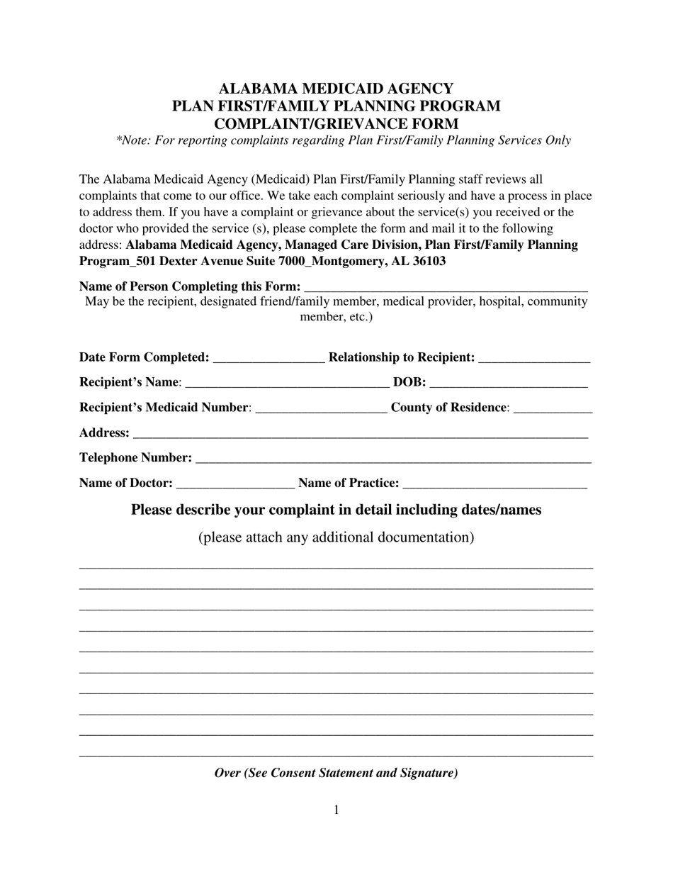 Complaint / Grievance Form - Plan First / Family Planning Program - Alabama, Page 1