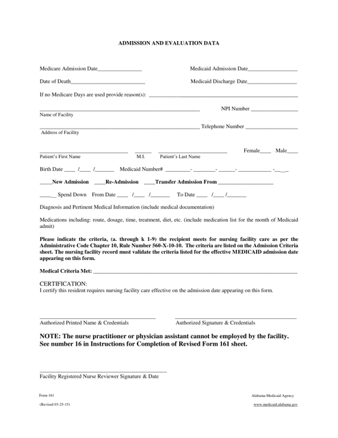 Form 161 Admission and Evaluation Data - Alabama