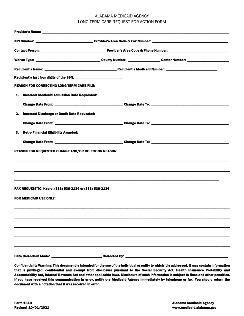 Form 161B Long Term Care Request for Action Form - Alabama, Page 1
