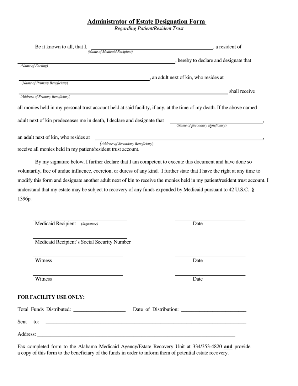 Alabama Administrator of Estate Designation Form Fill Out, Sign