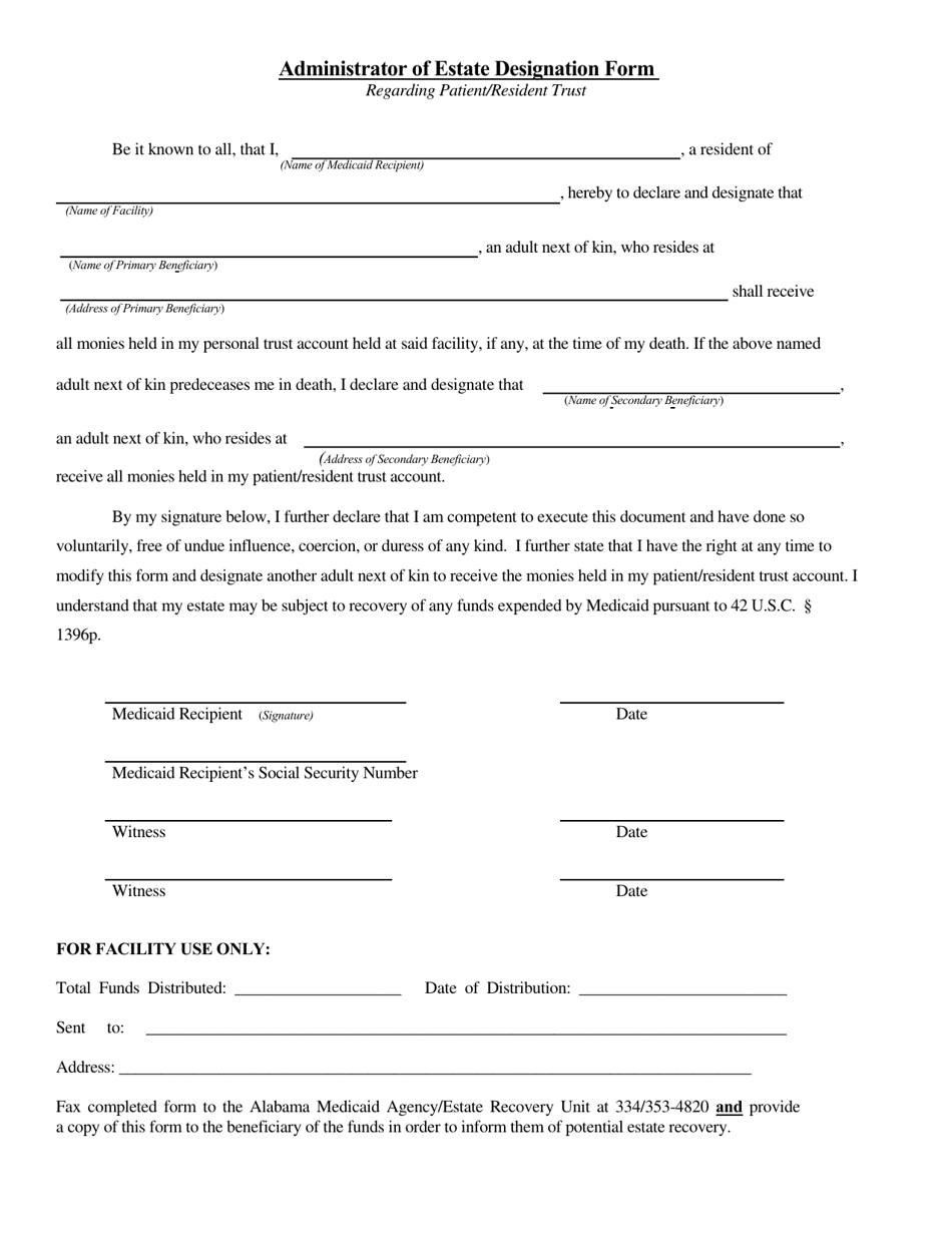 Administrator of Estate Designation Form - Alabama, Page 1
