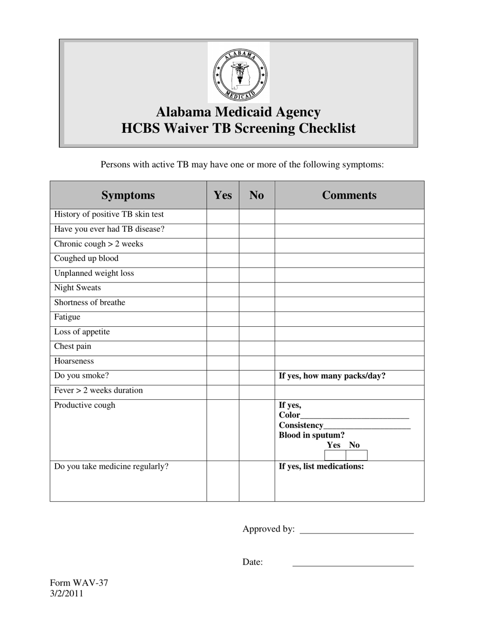 Form WAV-37 Hcbs Waiver Tb Screening Checklist - Alabama, Page 1