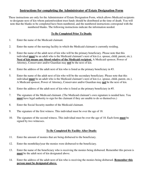 Instructions for Administrator of Estate Designation Form - Alabama