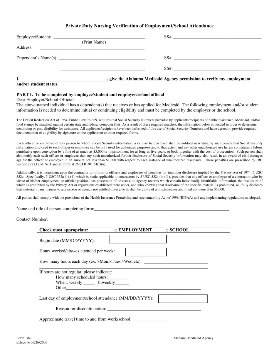 Form 387 Private Duty Nursing Verification of Employment / School Attendance - Alabama, Page 1