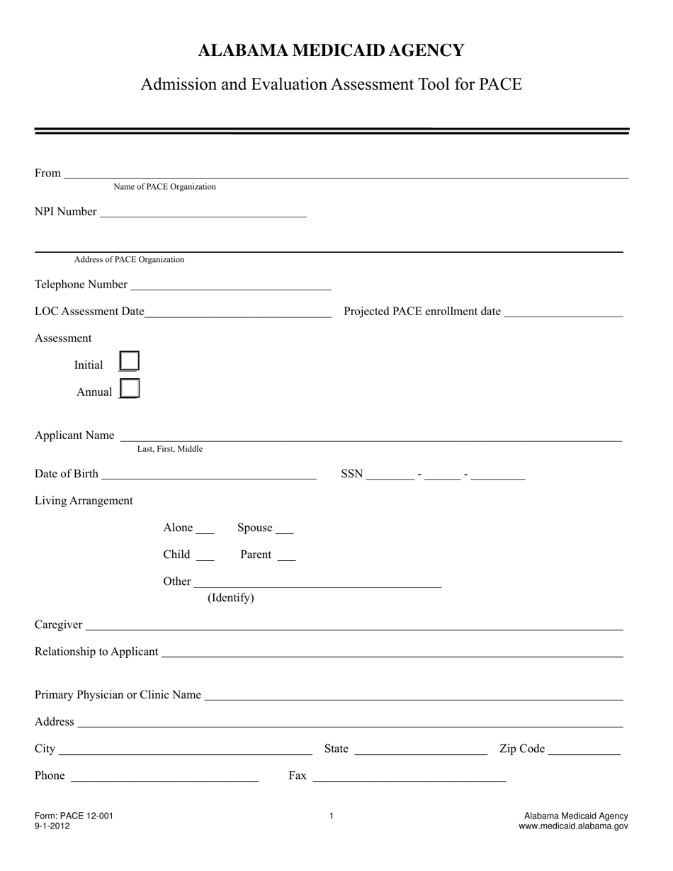 Form PACE12-001 Admission and Evaluation Assessment Tool for Pace - Alabama, Page 1