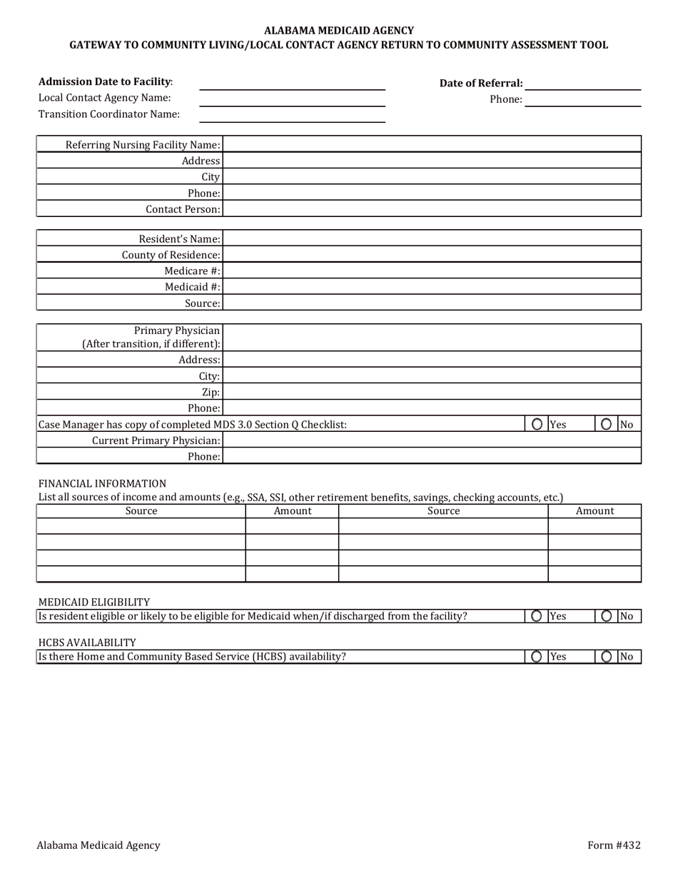 Form 432 Gateway to Community Living / Local Contact Agency Return to Community Assessment Tool - Alabama, Page 1