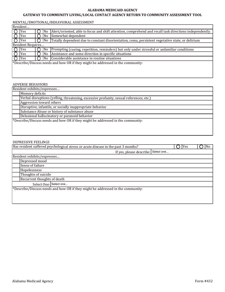 Form 432 Gateway to Community Living / Local Contact Agency Return to Community Assessment Tool - Alabama, Page 5