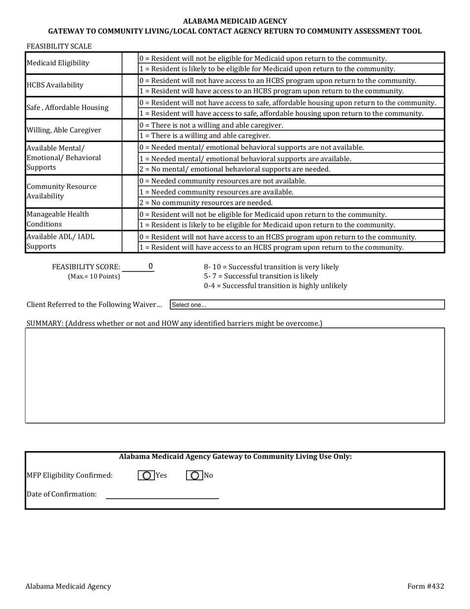 Form 432 Gateway to Community Living / Local Contact Agency Return to Community Assessment Tool - Alabama, Page 7