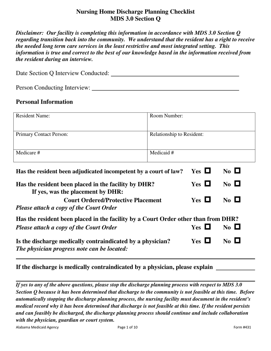 Form 431 Nursing Home Discharge Planning Checklist Mds 3.0 Section Q - Alabama, Page 1
