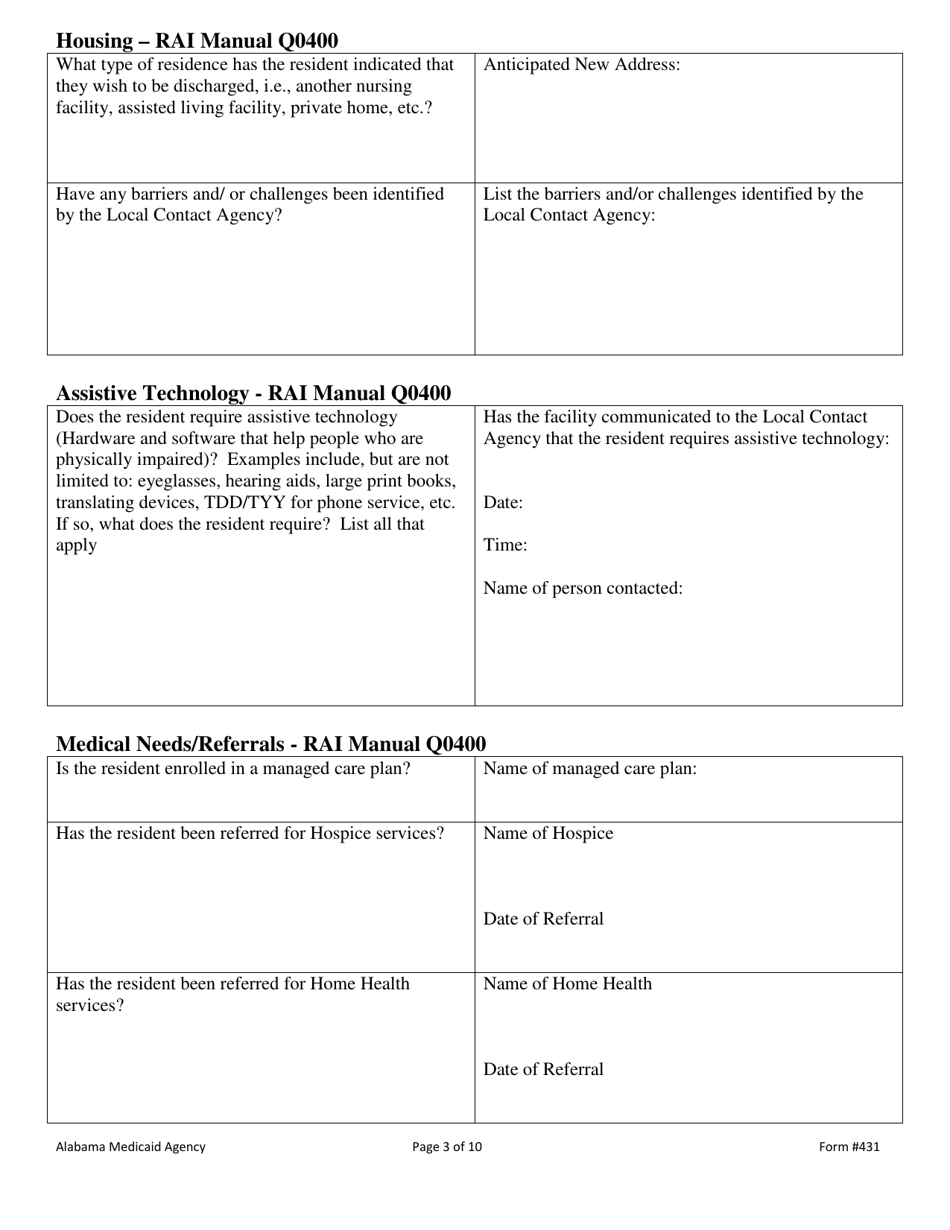 Form 431 Nursing Home Discharge Planning Checklist Mds 3.0 Section Q - Alabama, Page 3