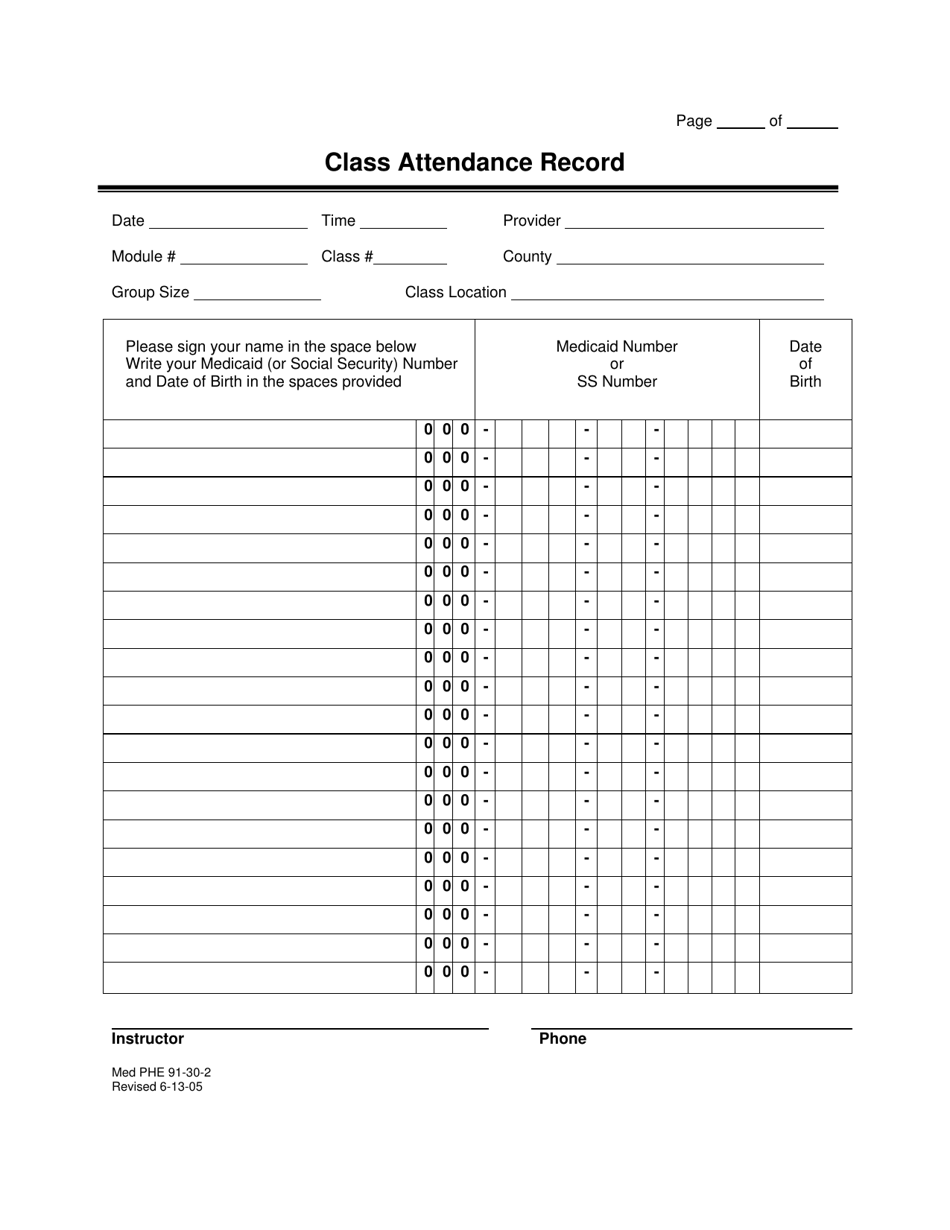 Form MED PHE91-30-2 Class Attendance Record - Alabama, Page 1