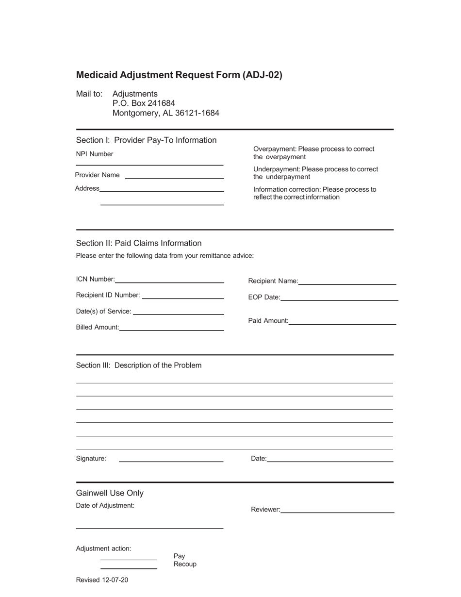 Form ADJ-02 Medicaid Adjustment Request Form - Alabama, Page 1