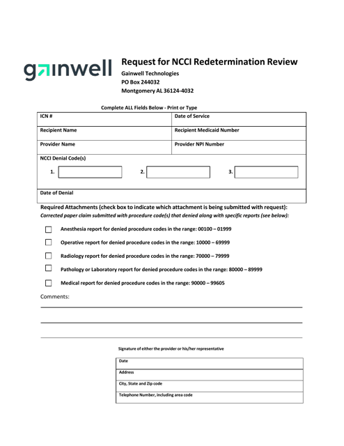 Gainwell Request for Ncci Redetermination Review - Alabama