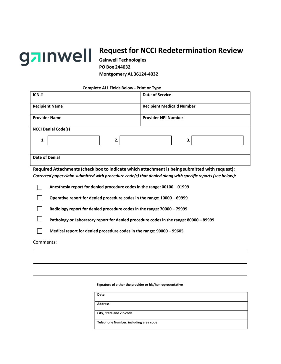 Gainwell Request for Ncci Redetermination Review - Alabama, Page 1