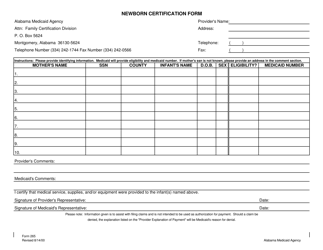 Document preview: Form 265 Newborn Certification Form - Alabama