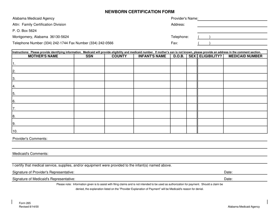 Form 265 Newborn Certification Form - Alabama, Page 1