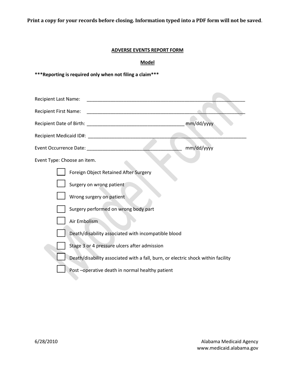 Model Adverse Events Reporting Form - Alabama, Page 1