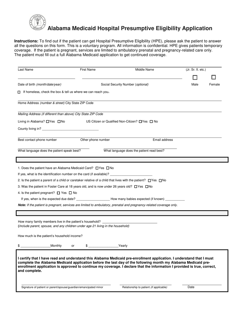 Alabama Medicaid Hospital Presumptive Eligibility Application - Alabama, Page 1