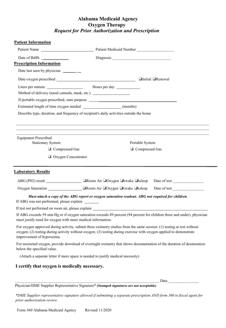 Form 360 Oxygen Therapy Request for Prior Authorization and Prescription - Alabama