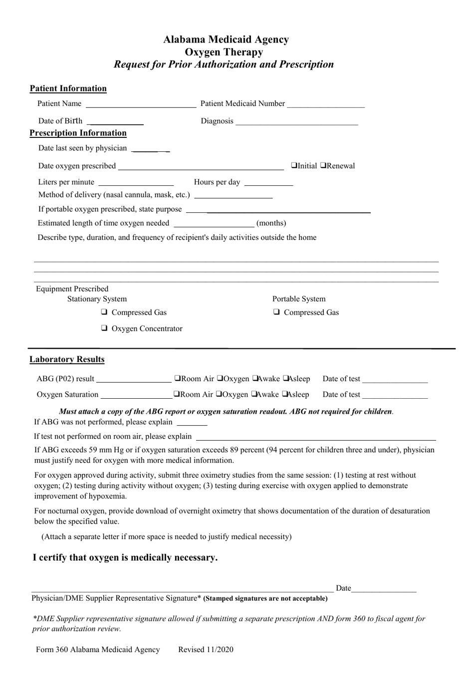 Form 360 Oxygen Therapy Request for Prior Authorization and Prescription - Alabama, Page 1