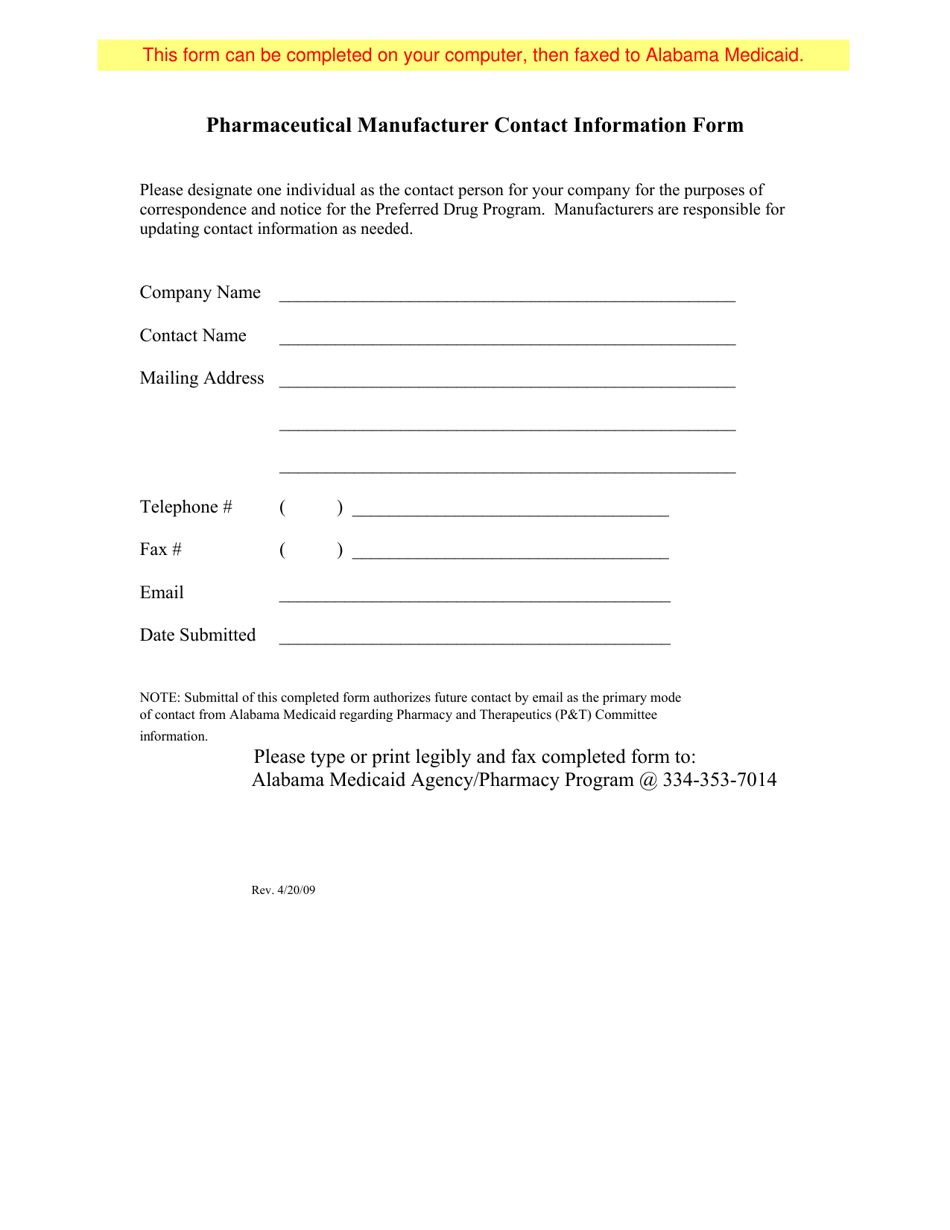 Pharmaceutical Manufacturer Contact Information Form - Alabama, Page 1