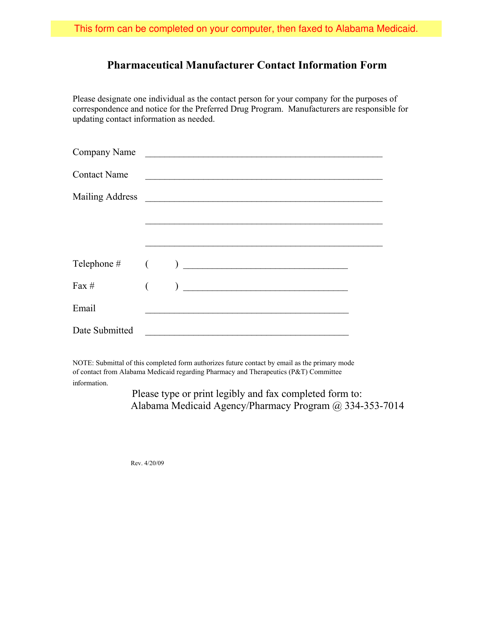 Pharmaceutical Manufacturer Contact Information Form - Alabama Download Pdf